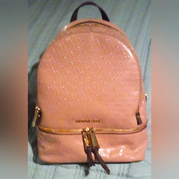 MICHAEL KORS Rhea Zip MK Signature Backpack Bag Faun Patent Leather Michael Kors Rhea Medium Backpack, Zip Compartments, PVC  main image 4